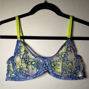Floral Embroidered Sheer Bra - Blue and Yellow